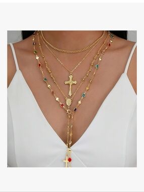 Layered Gold Cross Necklace Set with Multicolor Beads - Women